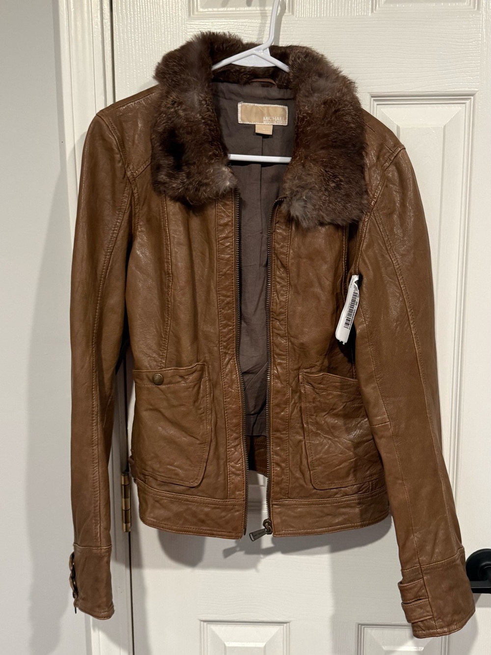 Michael Kors Brown Leather Jacket with Faux Fur Collar M